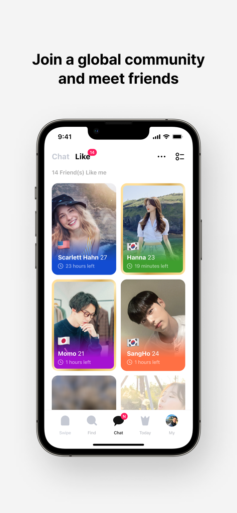 MEEFF app screen showing a grid of international user profiles from the USA, Korea, and Japan with a header that says Join a global community and meet friends