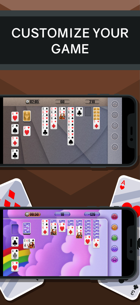Two smartphones displaying different custom themes and backgrounds for Solitaire Klondike gameplay.