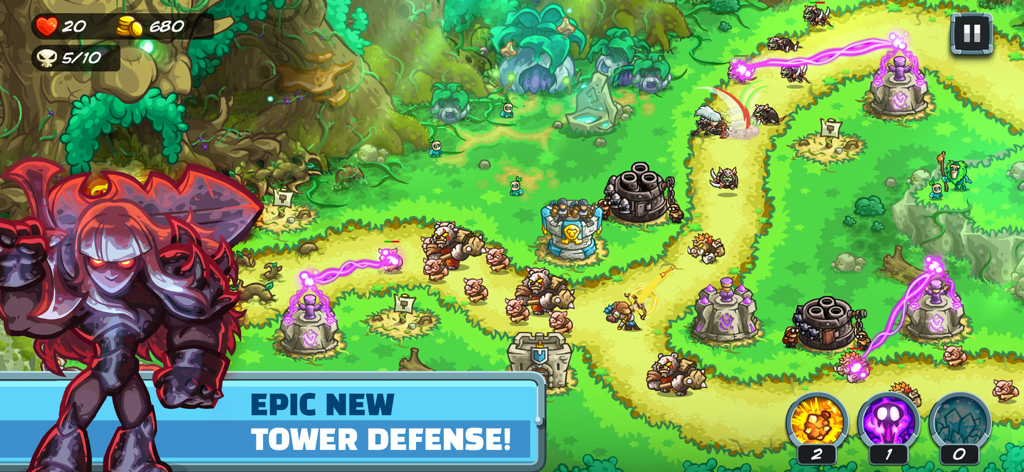 Kingdom Rush 5: Alliance TD - Jugabilidad de Kingdom Rush 5 Alliance TD con torres y héroes defendiendo un camino contra oleadas de enemigos en un entorno boscoso