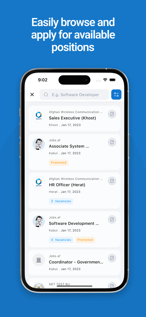 Jobs.af - Screenshot of the Jobs.af app displaying a list of job vacancies in Afghanistan.