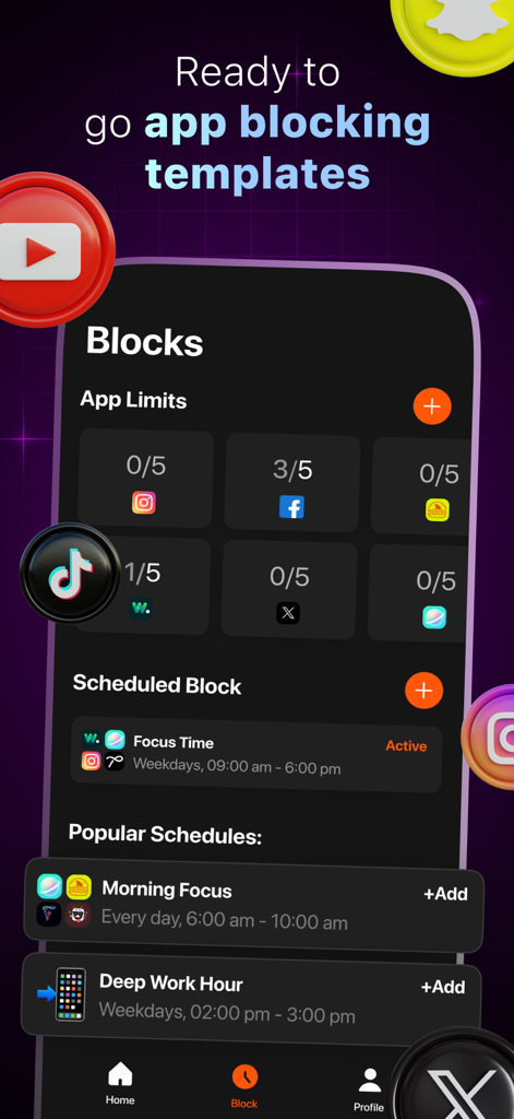 Bonfire: Screen Time Blocker - Interface of Bonfire app displaying app blocking templates and focus schedules