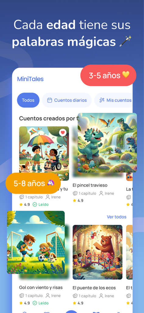 MiniTales: cuentos para peques - Pantalla de la aplicación MiniTales que muestra cuentos infantiles organizados por grupos de edad.