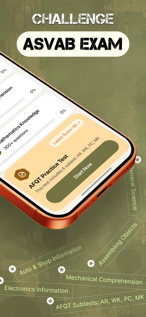ASVAB模擬試験アプリのインターフェース。AFQT試験開始画面と、さまざまな軍事サブテストカテゴリが表示されています。