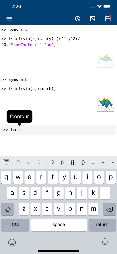 MATLAB Mobile command line interface showing mathematical code 3D plot previews and specialized keyboard