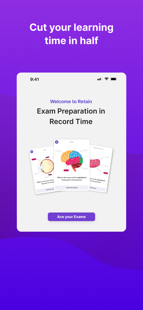 Écran d'accueil de l'application de cartes mémoire IA Retain pour la préparation aux examens, montrant des cartes d'étude de biologie