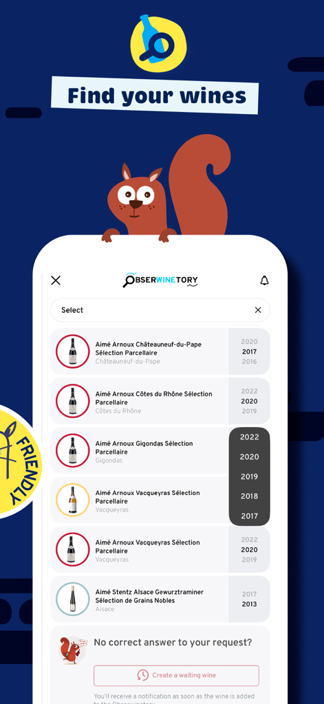 PLOC, you'll be wine - Interface of the PLOC wine app search tool Obserwinetory featuring a wine list and a cartoon squirrel.
