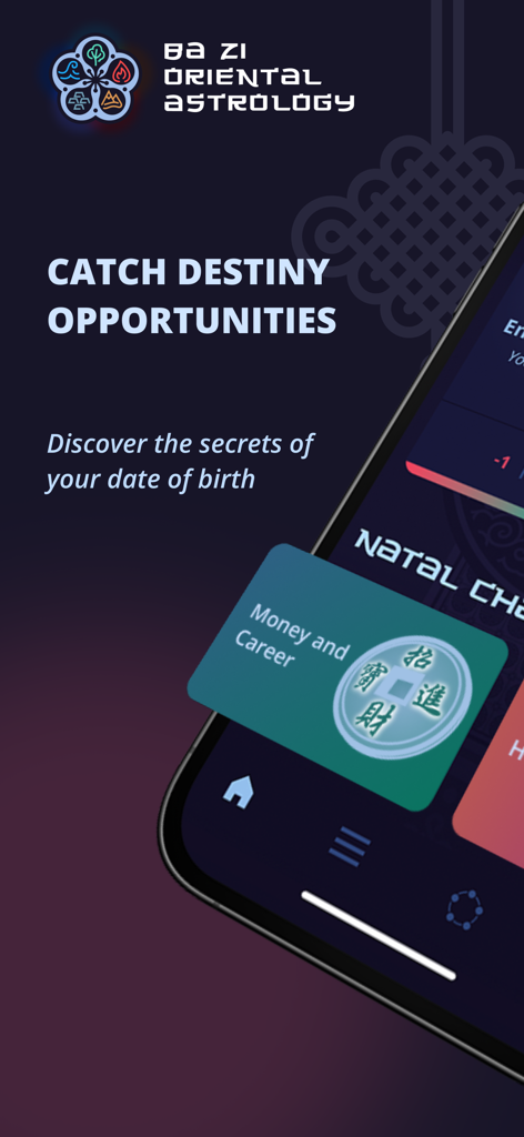 Introductory screen of the TSI Bazi Oriental Astrology app featuring career and destiny guidance