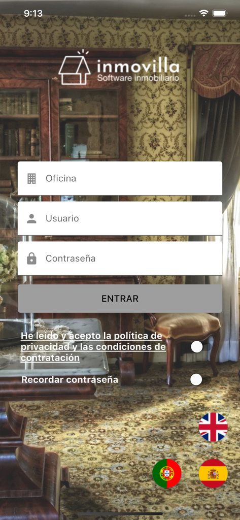 Pantalla de inicio de sesión de la aplicación inmobiliaria Inmovilla con campos para nombre de usuario y contraseña de la oficina