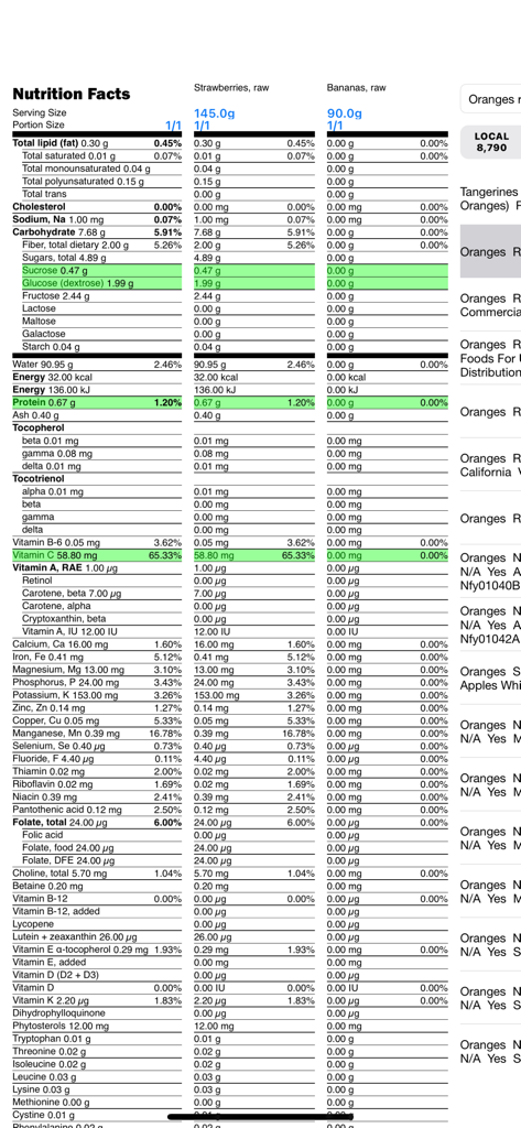 Nutrition Facts Maker - Comparison of raw strawberry and banana nutrition values in a standardized label format