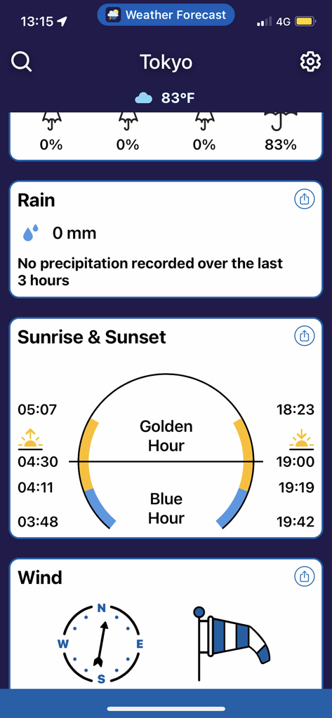 Weather Forecast by Climacam - Minimalist weather app interface showing sunrise and sunset golden hour times and wind direction