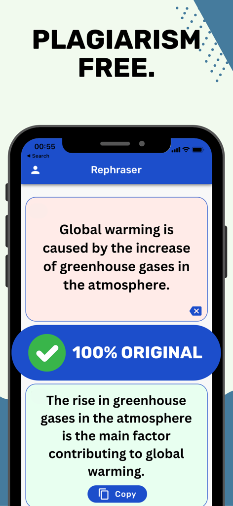 書き直された文章の100％オリジナル盗作チェック結果を表示するRephraserアプリのインターフェース。