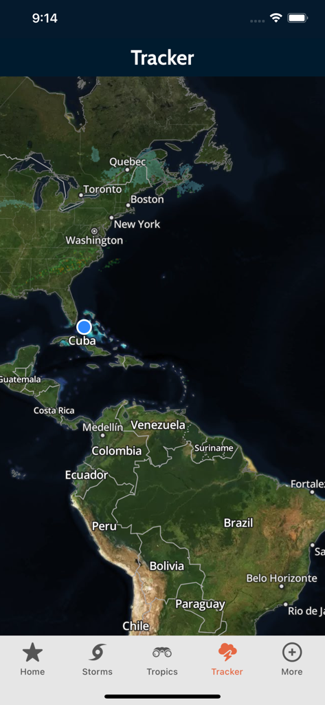 Max Tracker Hurricane WPLG - Interactive satellite storm tracker map showing the Americas in the Max Tracker Hurricane app