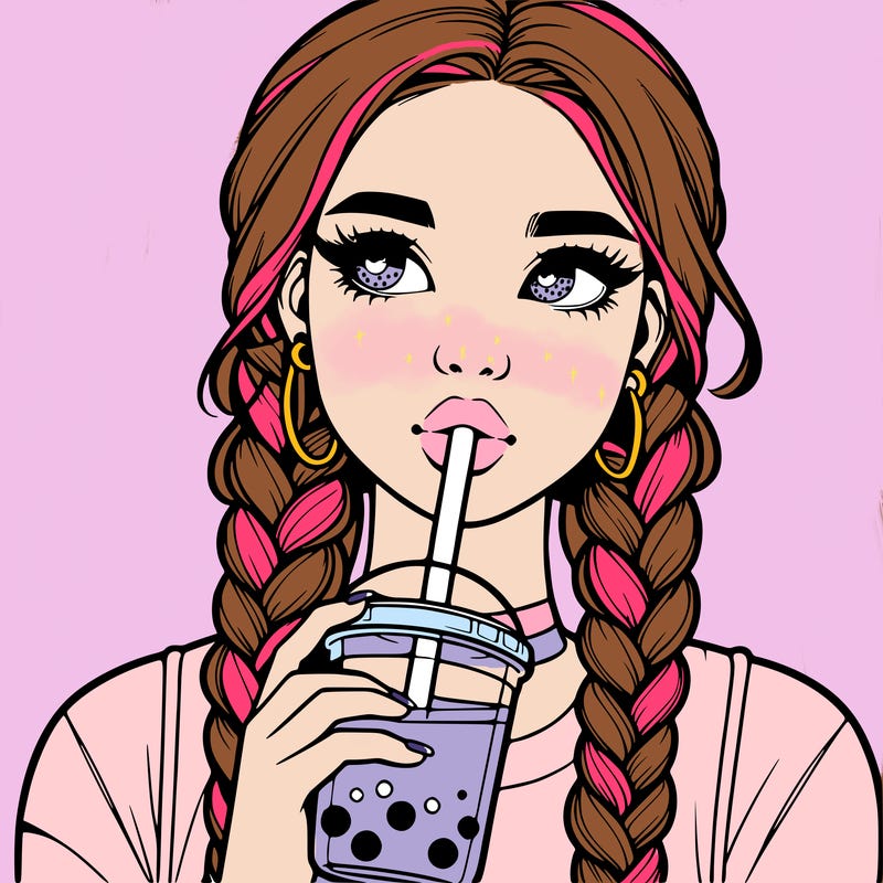 realistic girl with braided hair drinking boba