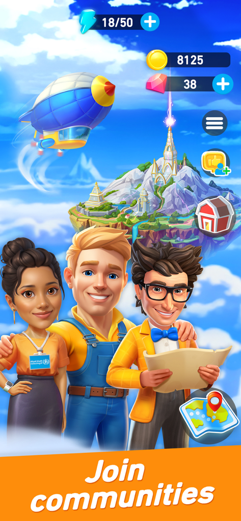 Goodville: Farm Game Adventure - Three cheerful characters in Goodville Farm Game Adventure with the text Join communities