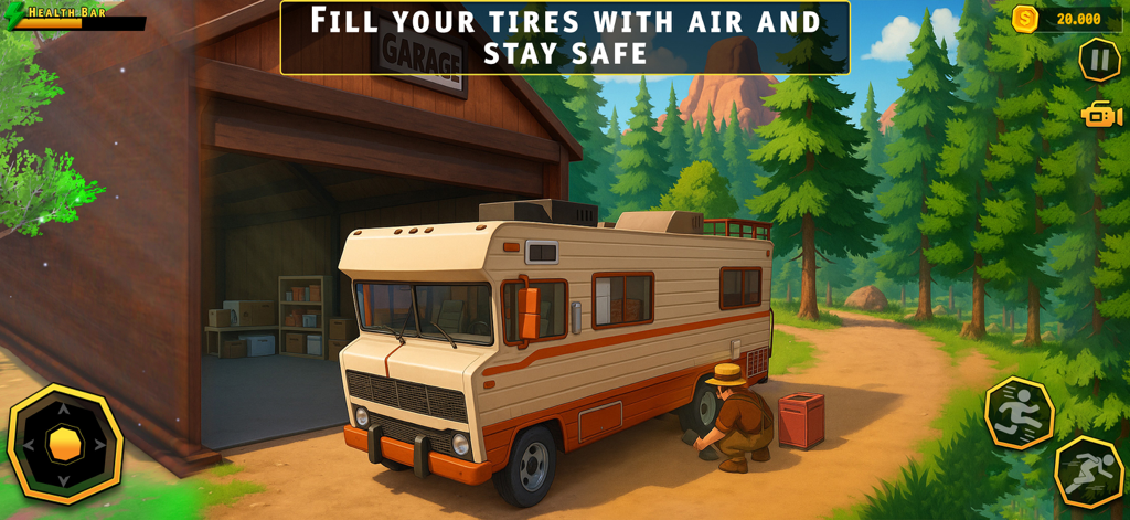 A character filling air in an RV tire outside a wooden garage in a forest