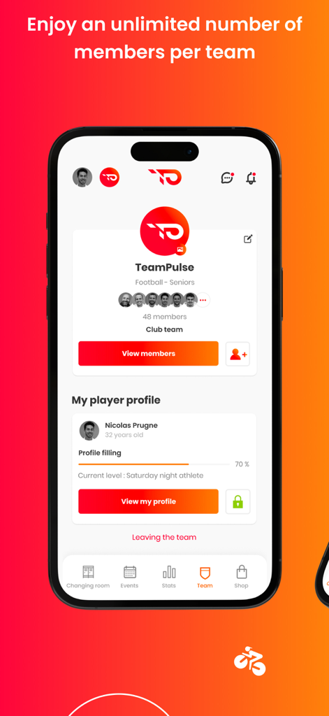 TeamPulse - Team management - TeamPulse mobile app interface showing team overview with unlimited members and player profile
