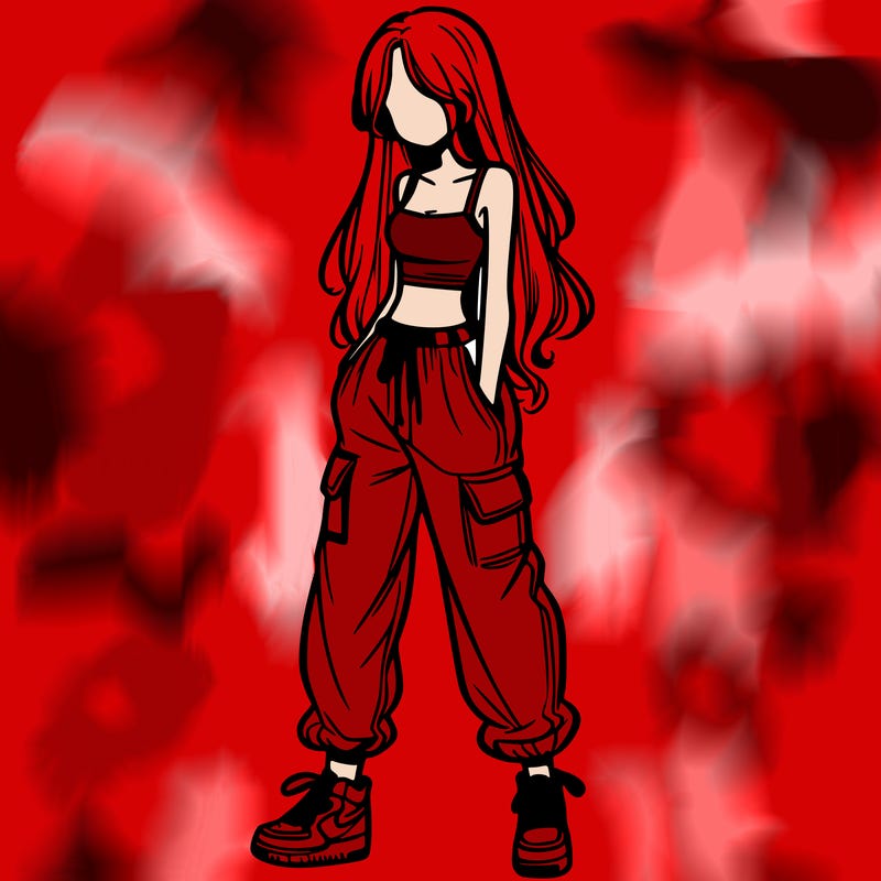 girl in baggy pants crop top and long hair