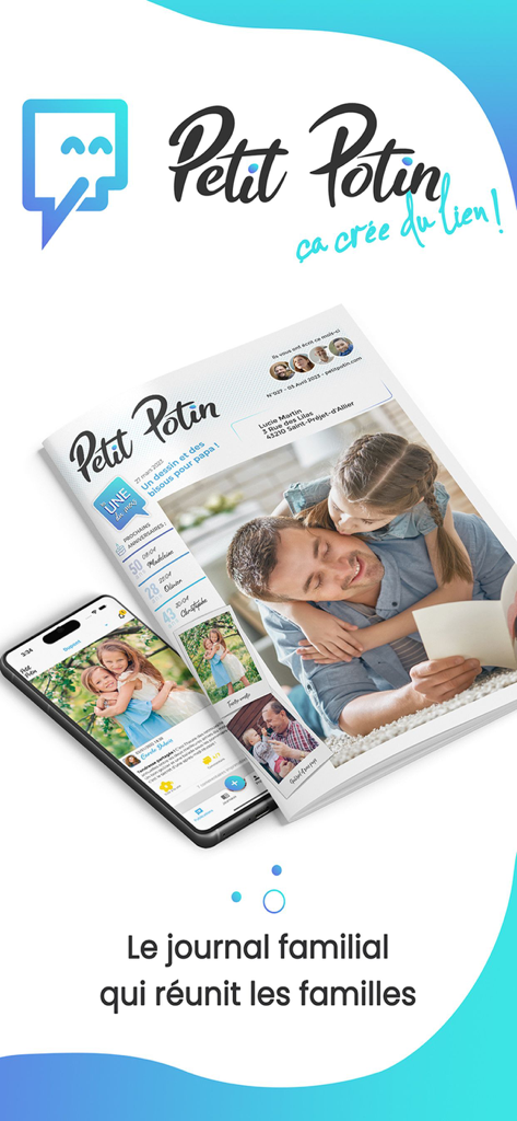 Un smartphone affichant l'application Petit Potin à côté d'un journal photo familial imprimé