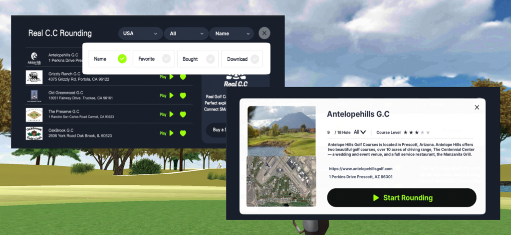 SmartGolf AI Analyzer - Interface showing a list of real world golf courses available for virtual play in the SmartGolf app