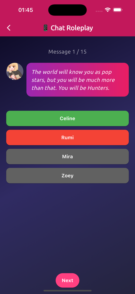 Kpop Idol PopQuiz - Una pantalla de rol de chat en la aplicación Kpop Idol PopQuiz donde el usuario debe adivinar qué personaje envió un mensaje específico.