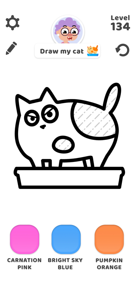 Color Page 2 ASMR - Art game - A digital coloring page interface from Color Page 2 ASMR featuring a line drawing of a cat and color options for pink blue and orange