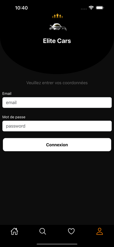 Elite Cars - 이메일 및 비밀번호 필드를 보여주는 엘리트 카 렌터카 앱 로그인 화면.