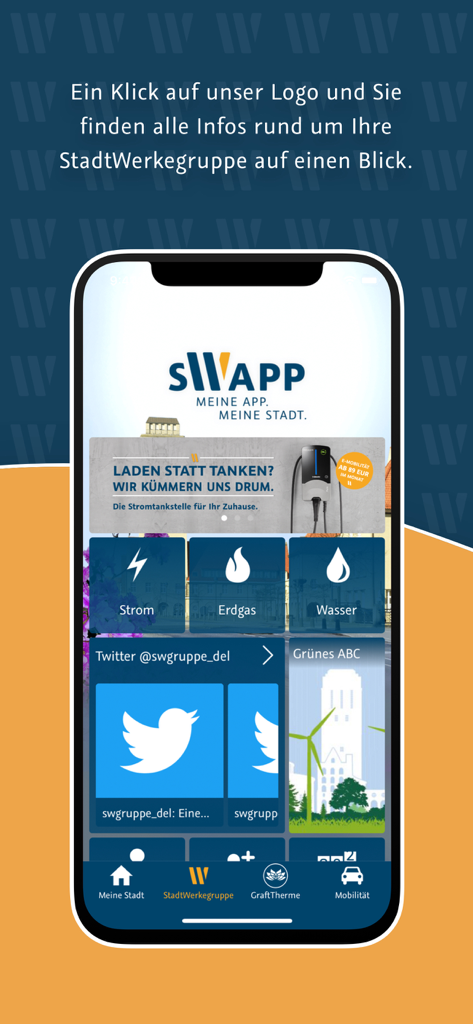 sWapp - Smartphone-Bildschirm der sWapp App mit Optionen für Strom-, Gas- und Wasserversorgung für Delmenhorst