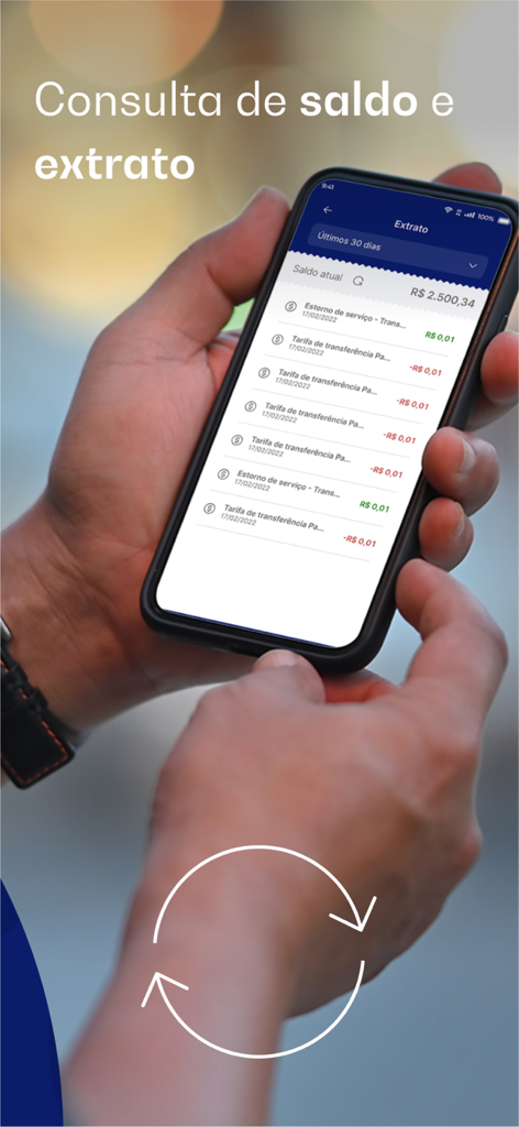 Rendimento VTM - Aplicativo Rendimento VTM mostrando saldo e extrato de transações em um smartphone