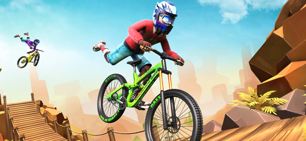 Dirt Bike Hill Racing Game - Un ciclista de montaña realizando una acrobacia de salto en un paisaje de cañón.
