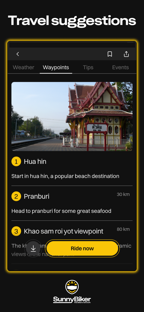 SunnyBiker - GPS + weather - SunnyBiker app screen showing a curated motorcycle itinerary with waypoints and a ride now button