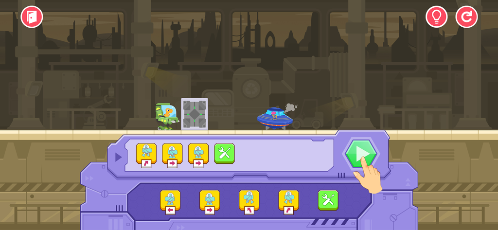 A dinosaur mech game interface showing block-based coding instructions for kids.
