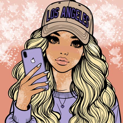 realistic beautiful girl wearing los ángeles cap holding an iphone