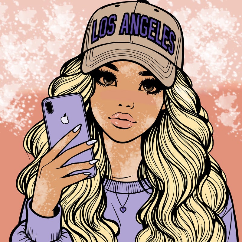 realistic beautiful girl wearing los ángeles cap holding an iphone
