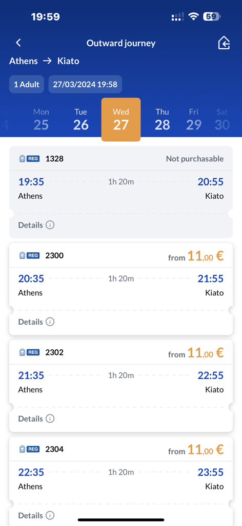 Interfaz de la aplicación móvil Hellenic Train que muestra los horarios de salida de los trenes y los precios de los billetes para la ruta Atenas-Kiato