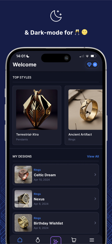 ARQ Jewelry Design - Interfaz de la aplicación ARQ Jewelry Design en modo oscuro mostrando anillos y colgantes personalizados