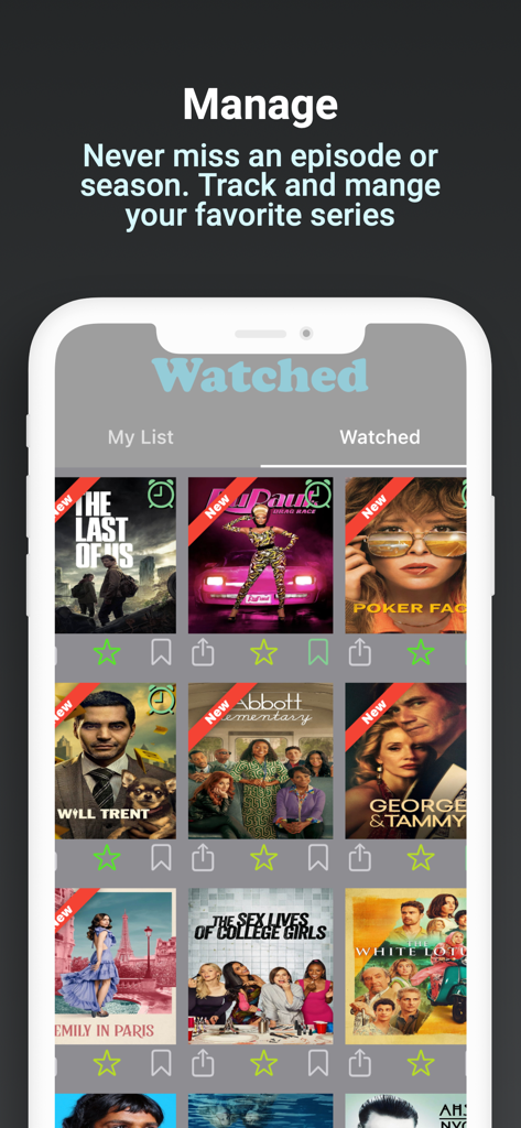 BingeWatch - BingeWatch App-Oberfläche zeigt ein Raster von TV-Serienplakaten im Abschnitt "Gesehene Liste"