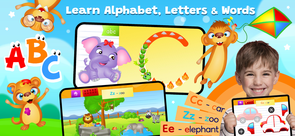 123 Kids Fun ALPHABET - A young child smiling while playing educational alphabet tracing and spelling games on a tablet
