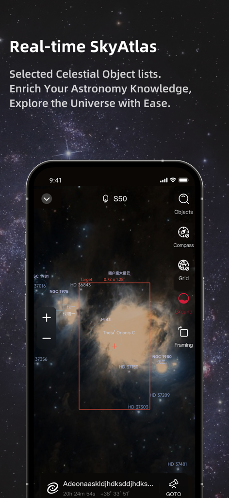 Seestar - Real-time SkyAtlas interface in the Seestar app showing celestial objects and navigation tools