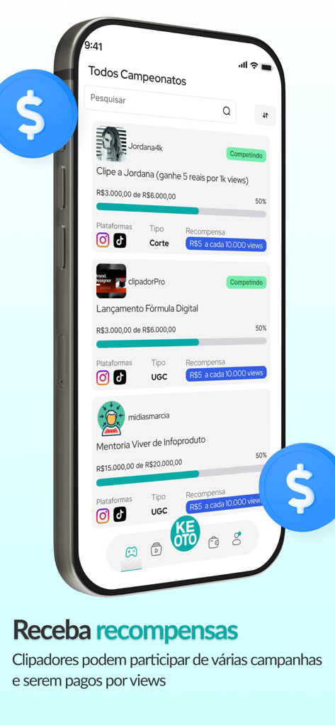 Interfaz de la aplicación Keoto que muestra varias campañas para que los editores ganen recompensas basadas en las visualizaciones de vídeo.