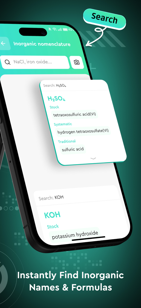 Chemify: AI Chemistry helper - Chemifyアプリのインターフェースに、硫酸と水酸化カリウムの無機化学命名法の検索結果が表示されています。