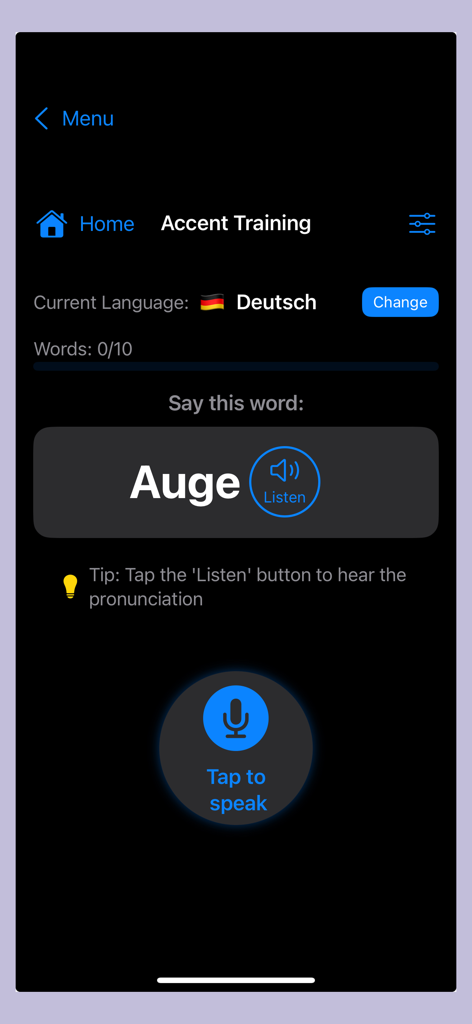 Accent Training - Vocabulary - Accent Training app interface showing a pronunciation exercise for the German word Auge