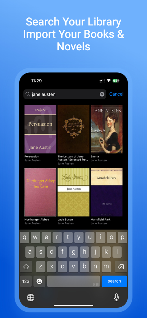 Novels Stories & Books Reader - Search screen of the Novels Stories and Books Reader app showing a library of Jane Austen classic novels.