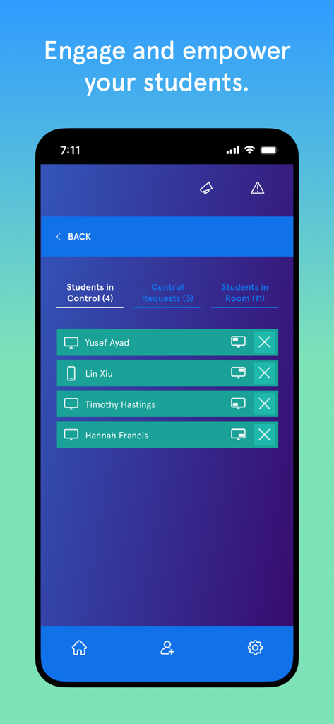 Vivi User App - Mobile interface of Vivi app showing a list of students with permission to control the classroom display.