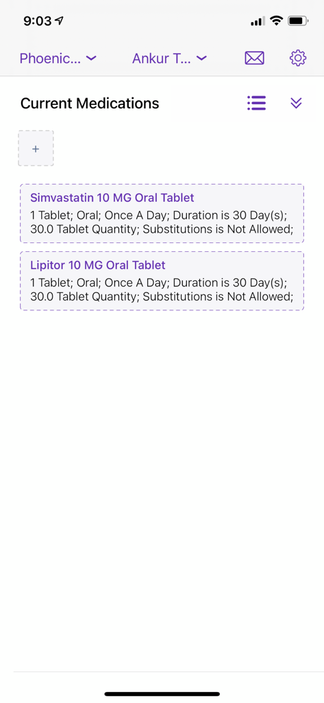 Current medications list in the Althea Health app showing prescriptions for Simvastatin and Lipitor with dosage details