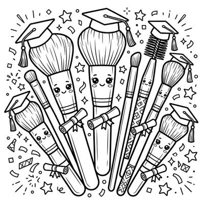 Get ready to celebrate a milestone with this charming coloring page featuring an array of adorable makeup brushes dressed for graduation! Each brush sports a tiny cap and holds a diploma, surrounded by festive confetti and stars.