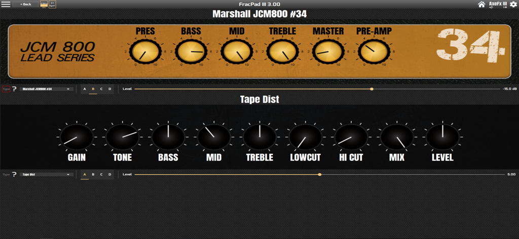 FracPad III app interface showing virtual knobs for a Marshall JCM800 amplifier and tape distortion effect