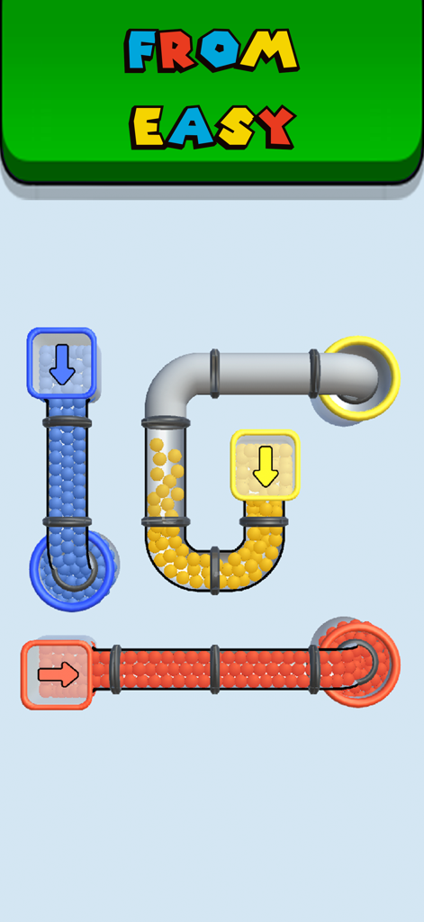 Pipes and Balls - A gameplay screenshot of Pipes and Balls featuring colorful balls in 3D pipes on an easy level.
