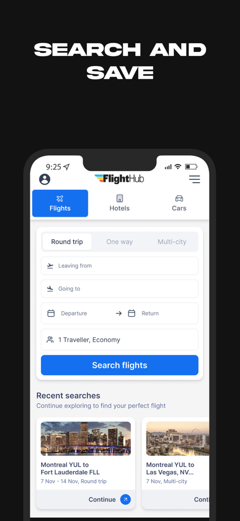 FlightHub mobile app interface showing a flight search form with fields for destination and dates under a Search and Save heading