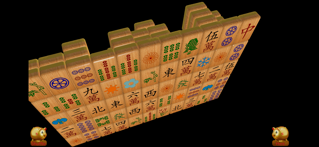 Una vista en perspectiva de fichas de Mahjong de madera en 3D con símbolos tradicionales sobre un fondo negro
