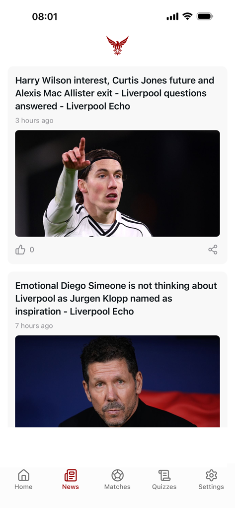The Red Stand: Liverpool News - The news section of The Red Stand app displaying the latest Liverpool FC soccer headlines and articles
